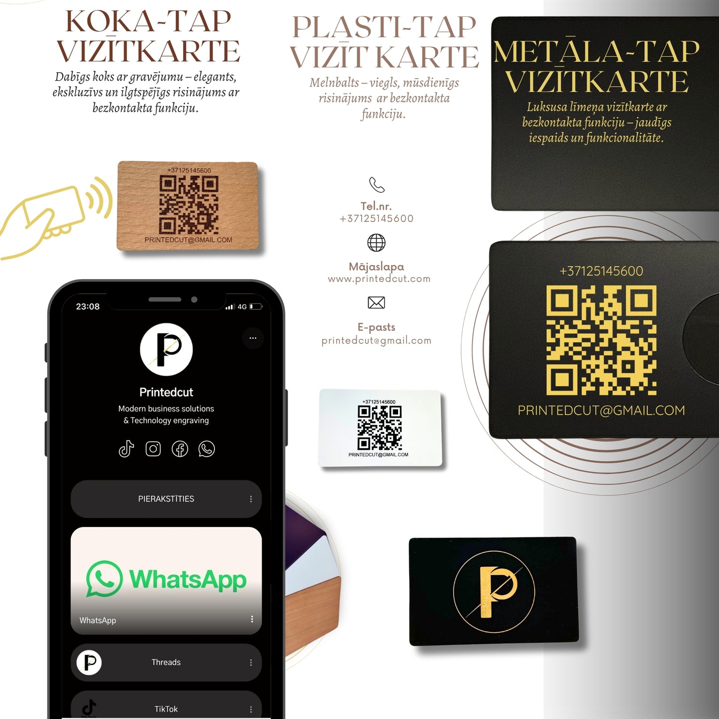 QR kodu (bez TAP) funkcijas plastmasas vizītkarte ar Tavu dizainu.